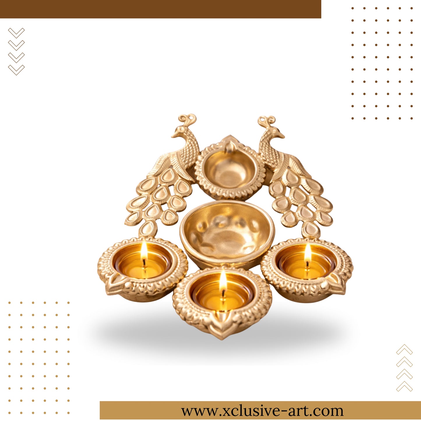 Xclusive Art Golden Peacock Diya Set / Festival Lamp Holder