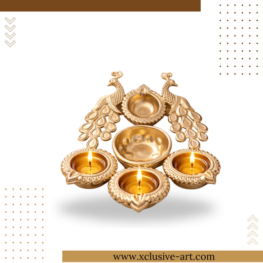 Xclusive Art Golden Peacock Diya Set / Festival Lamp Holder